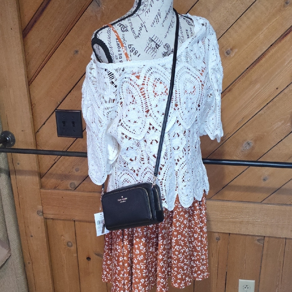 Adiva Womens White Crochet Lace‎ Medallion Tiered Scallop Hem Top Large